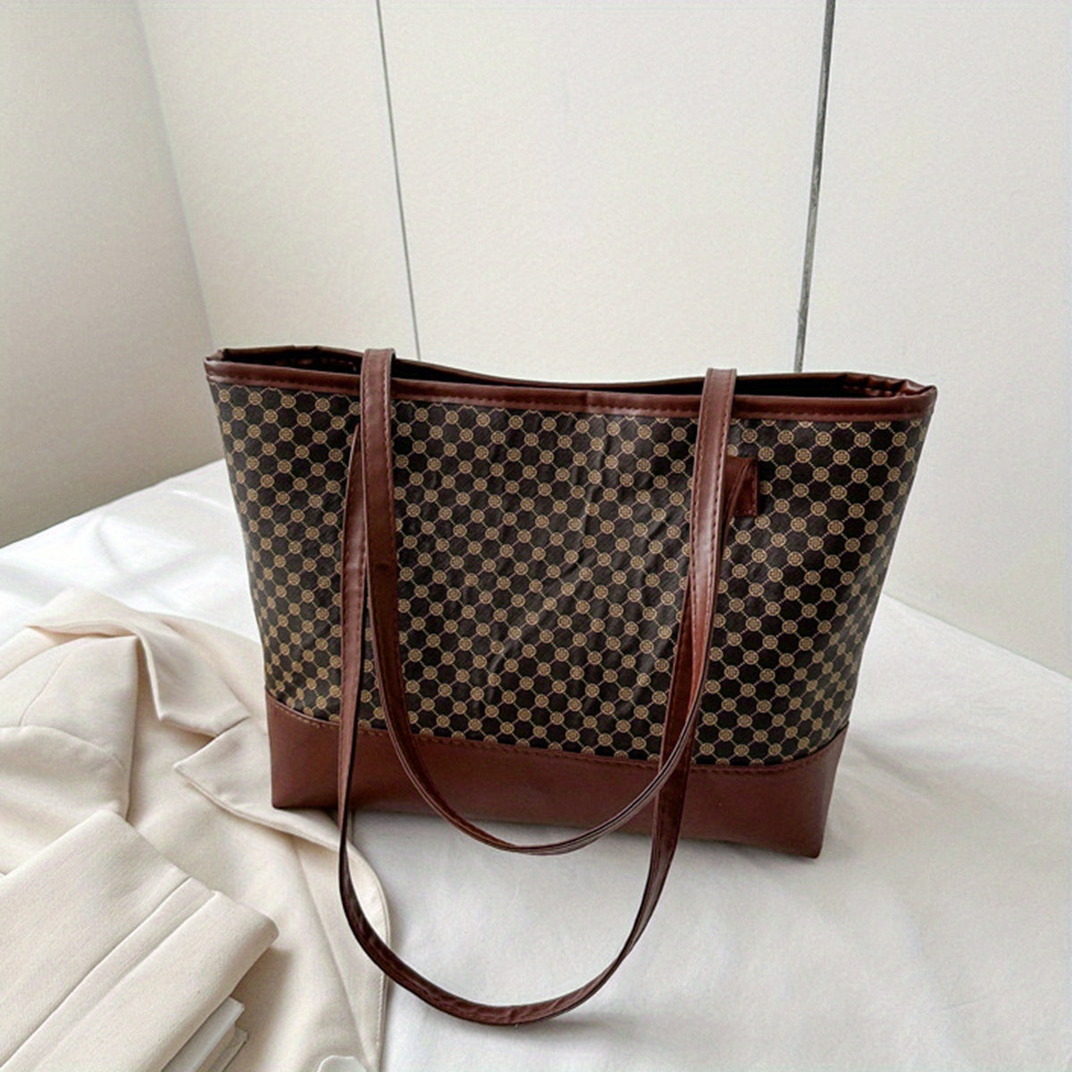Vintage Geometric Print Tote Bag Large Capacity Retro Shoulder Bag