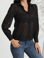  Sexy Blouse Women's Plus Stripe Print Mesh Long Sleeve Button Up Shirt