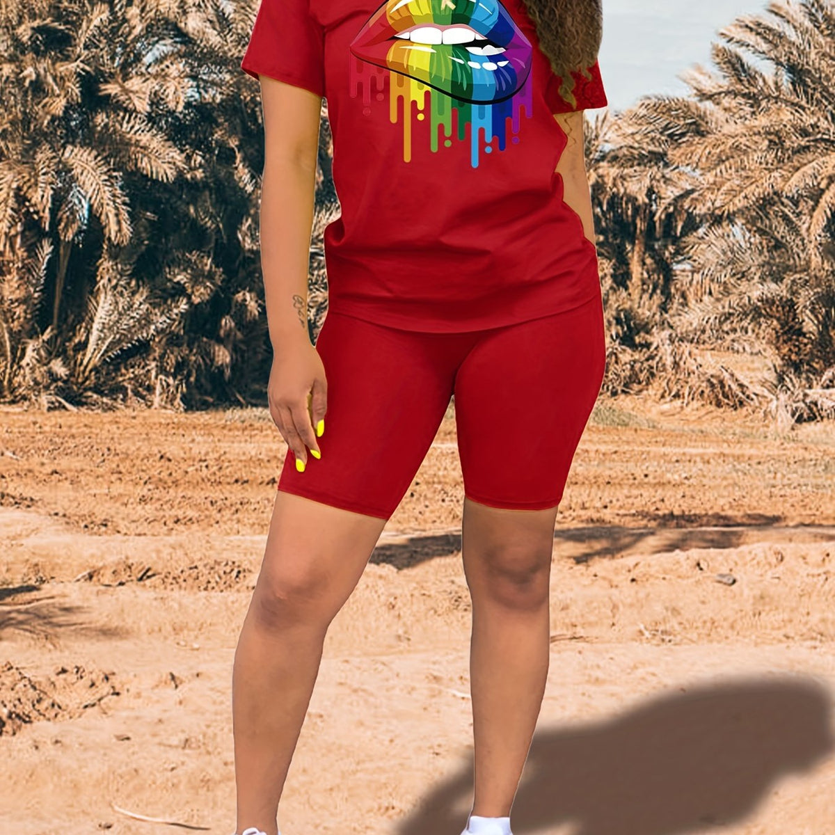 Lips Print Tee & Slim Shorts Set for Women