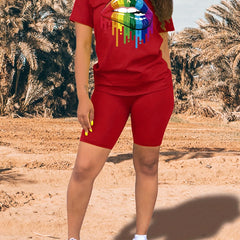 Lips Print Tee & Slim Shorts Set for Women