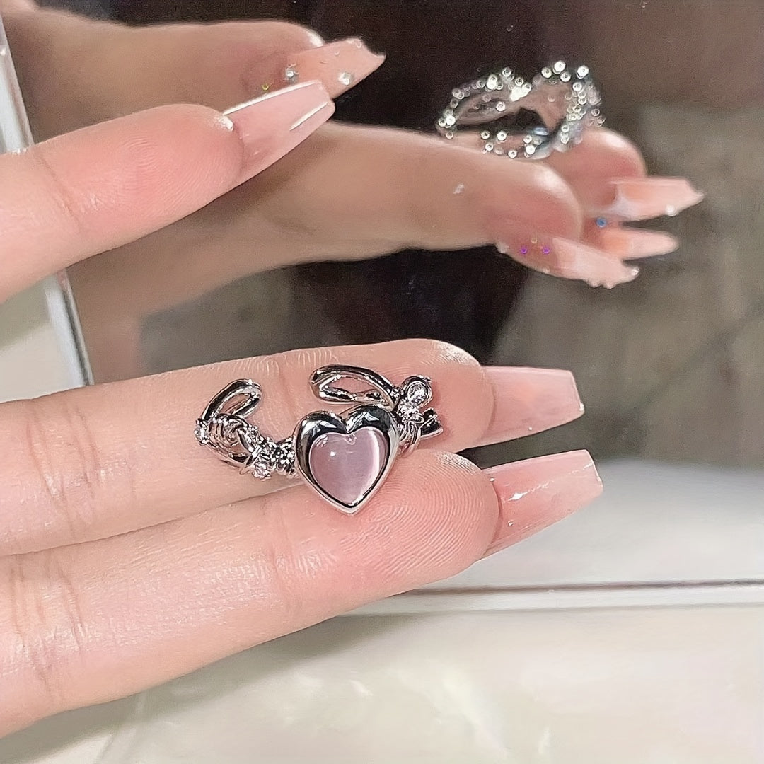 Love Heart Cat Eye Stone Ring Opening Adjustable Jewelry