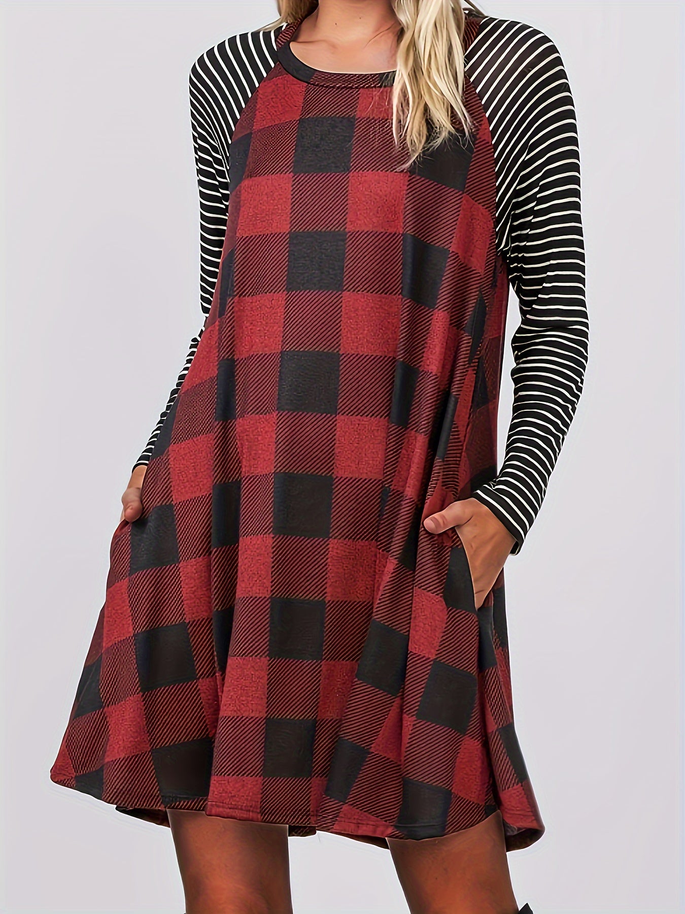  Colorblock Gingham & Stripe Print Long Sleeve Dress