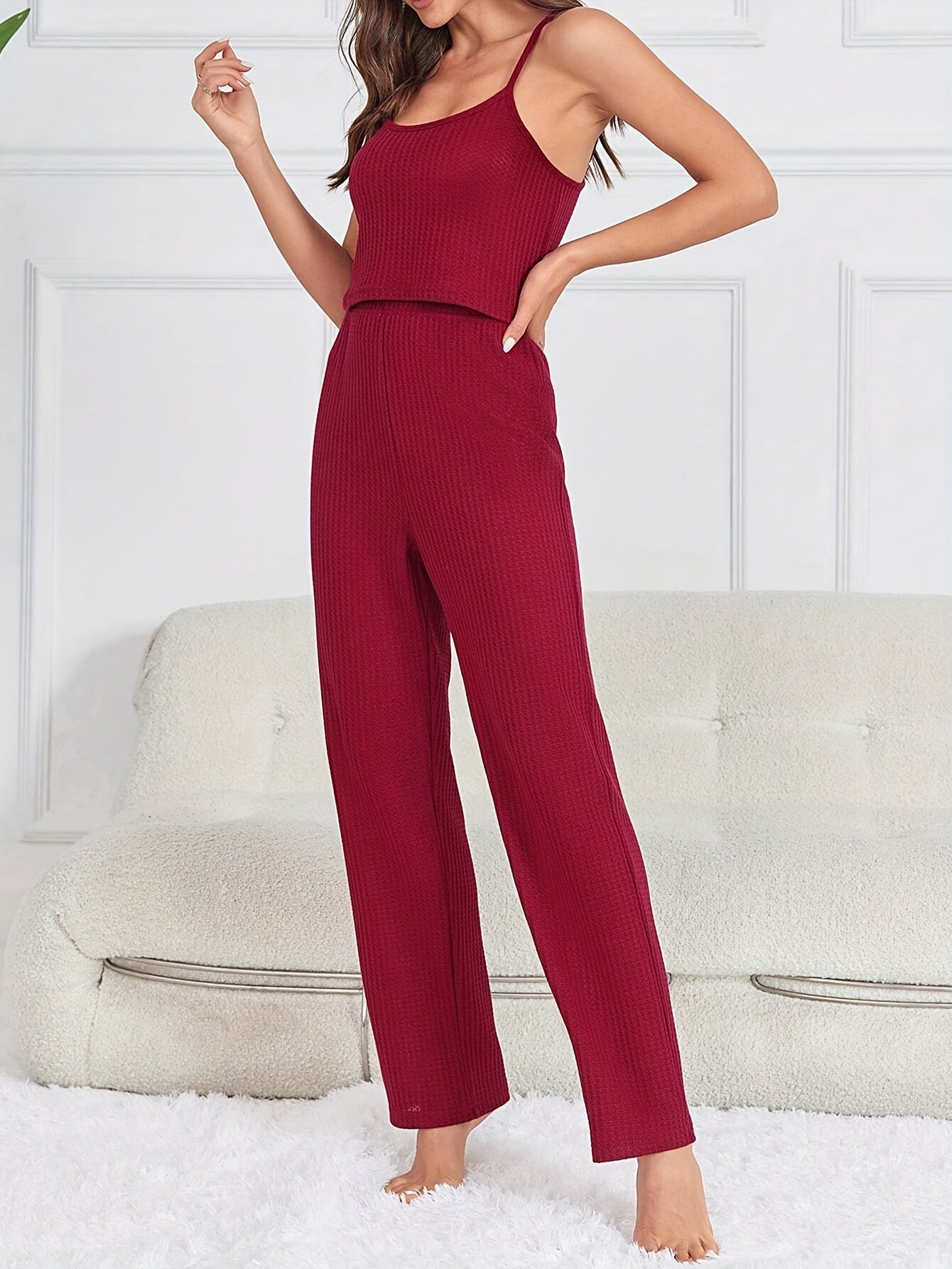 Solid Lounge Set Crew Neck Cami Top & Belted Robe & Loose Pants