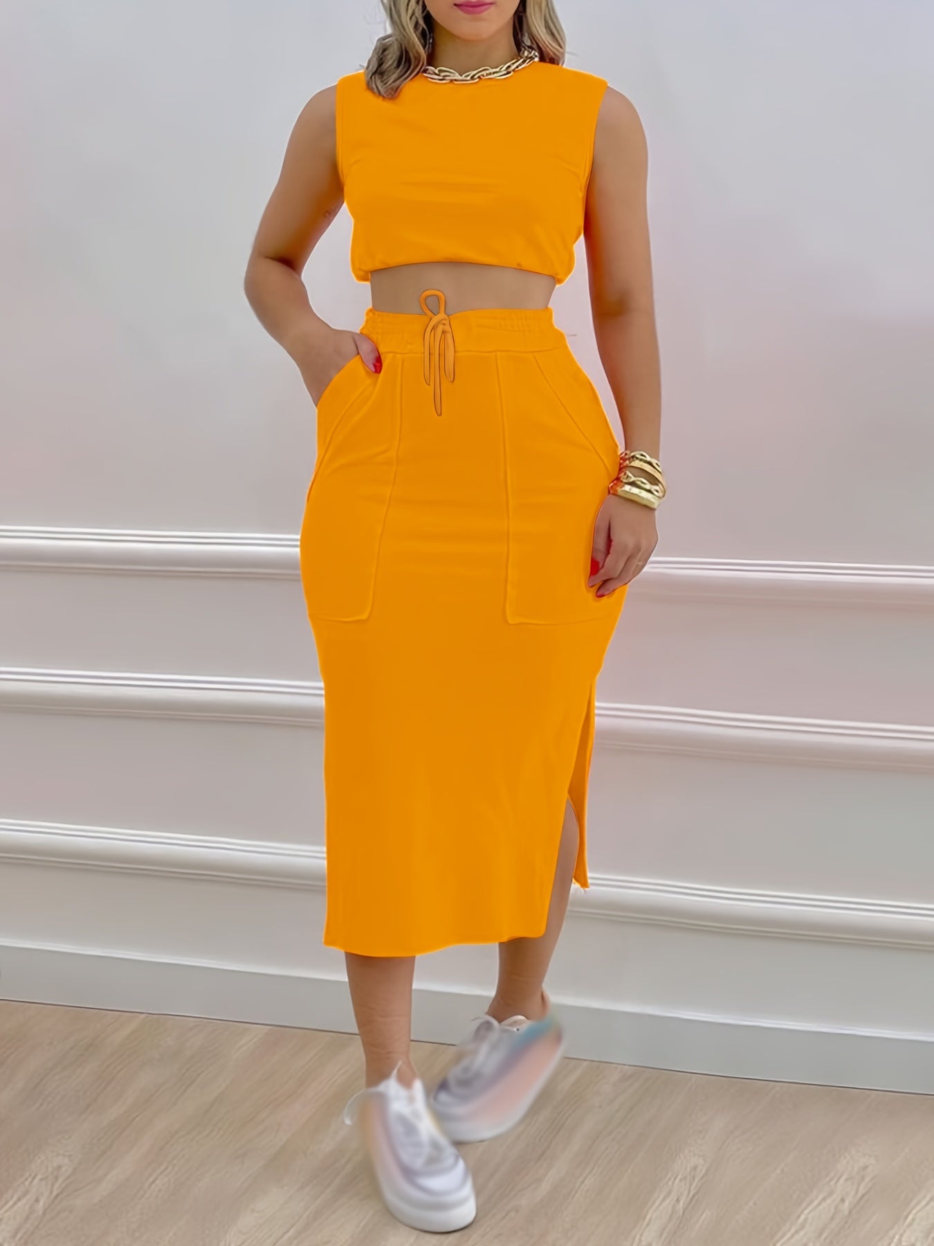 Casual Two Piece Set Sleeveless Top & Split Skirt Outfit