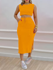 Casual Two Piece Set Sleeveless Top & Split Skirt Outfit