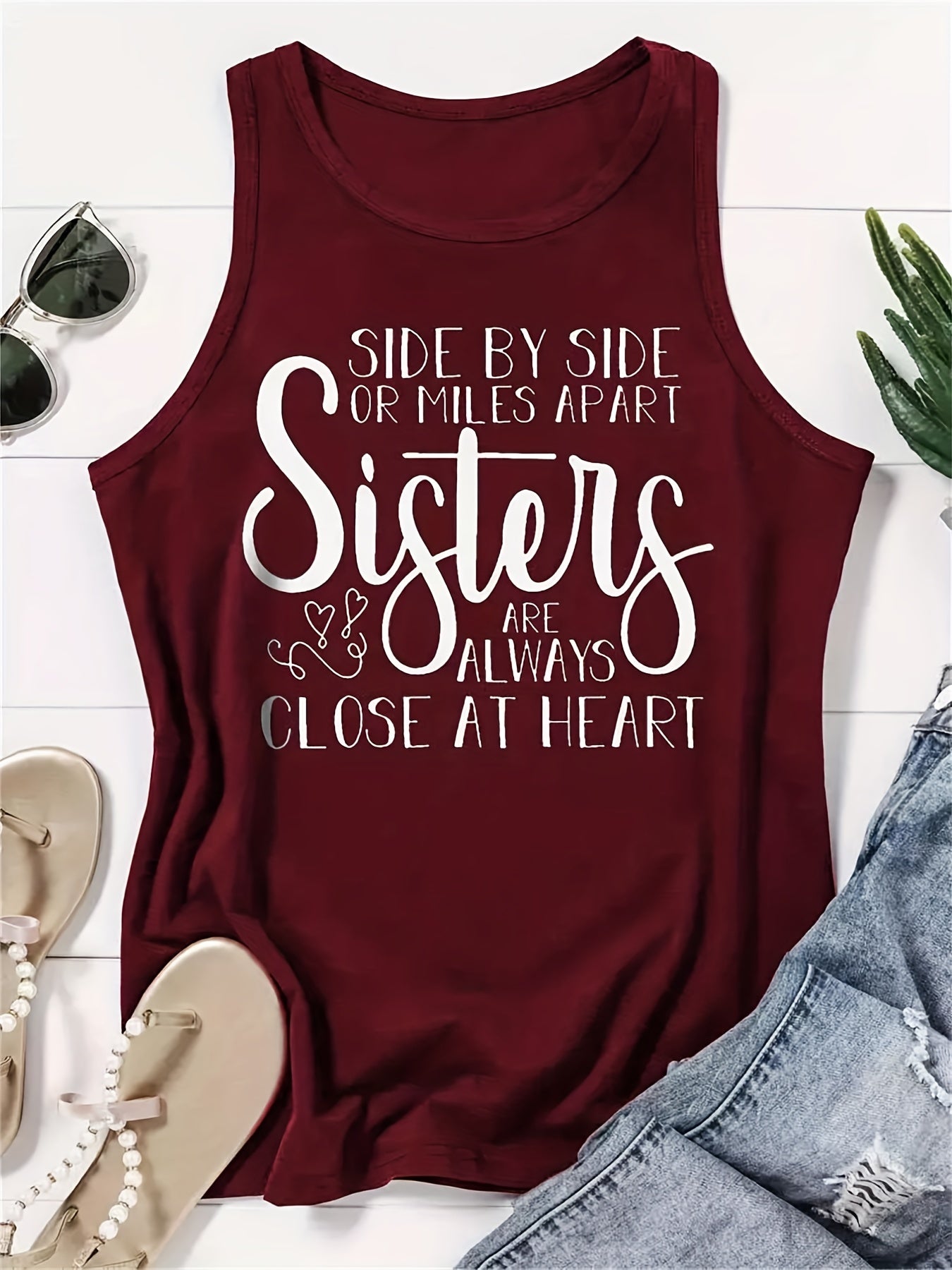 Letter Print Crew Neck Tank Top Women's Casual Sleeveless Summer Tank Top