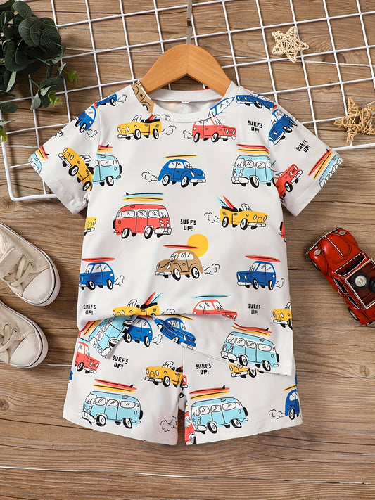 Car Print T-shirt & Shorts Set for Boys Kids Summer Outfit
