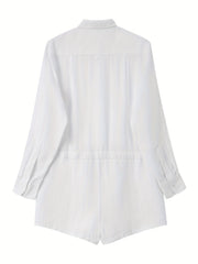 Drawstring Waist Shirt Romper Jumpsuit Long Sleeve Button