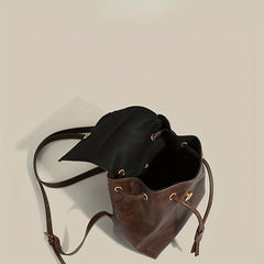 Small Drawstring Flap Backpack PU Leather Textured School Backpack