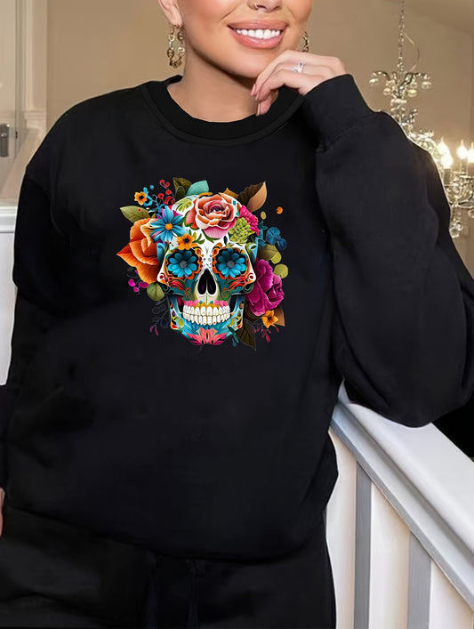  Gothic Floral Skull Print Long Sleeve Loungewear Top