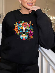  Gothic Floral Skull Print Long Sleeve Loungewear Top