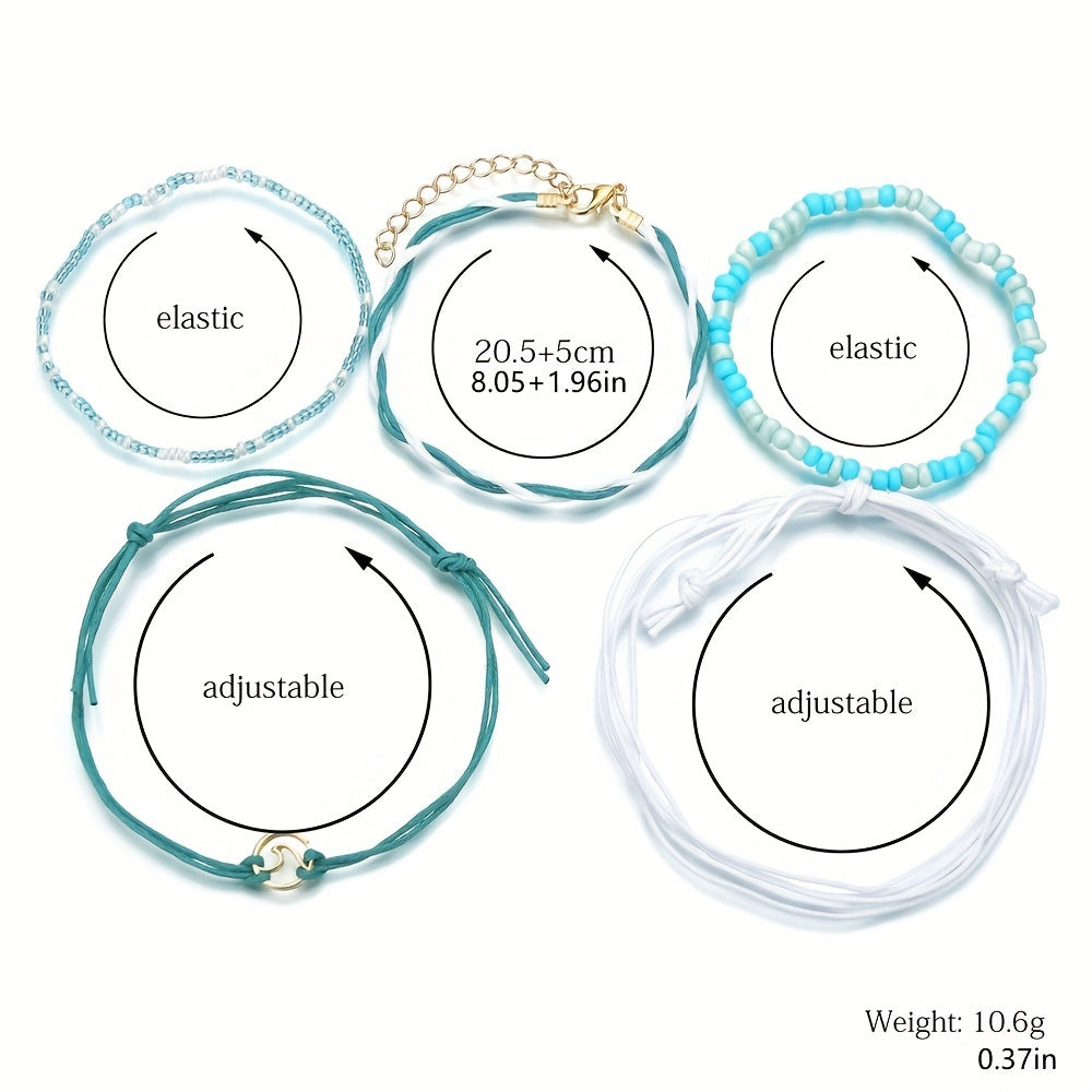 5 Pcs Ocean Style Wax Thread Anklet Set Rope Rice Beads Ankle Bracelet