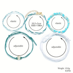 5 Pcs Ocean Style Wax Thread Anklet Set Rope Rice Beads Ankle Bracelet