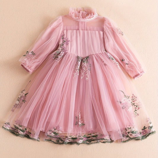 Girls Casual Flower Mesh Sleeves Embroidery Voile Dress For Wedding Party