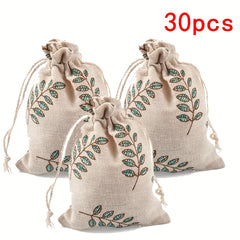 30pcs 14x10cm Drawstring Gift Bags Jewelry Storage Bags with Printed Leaf