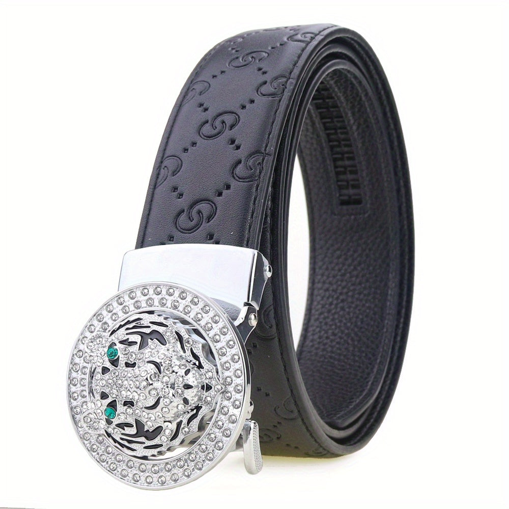 Men's Leather Belt Rhinestone Buckle Tiger Pattern Causal Jeans Waist Strap
