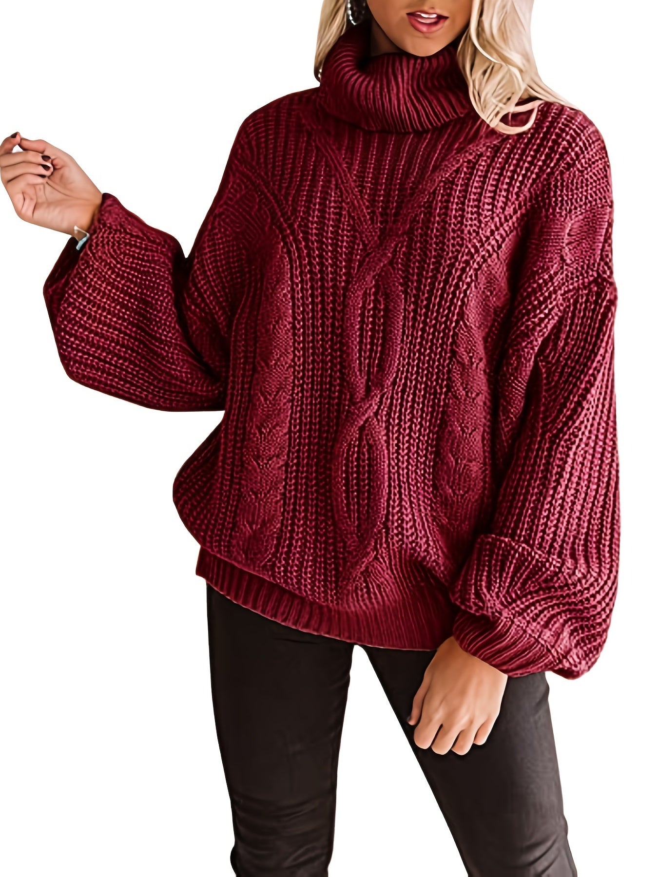  Casual Solid Lantern Sleeve Pullover Sweater