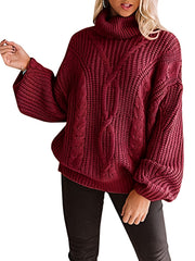  Casual Solid Lantern Sleeve Pullover Sweater
