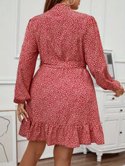  Leopard Print Lantern Sleeve Mock Neck Ruffle Trim Mini Dress