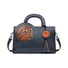 Leather Floral Tote Bag Soft Light Brown Shoulder Satchel