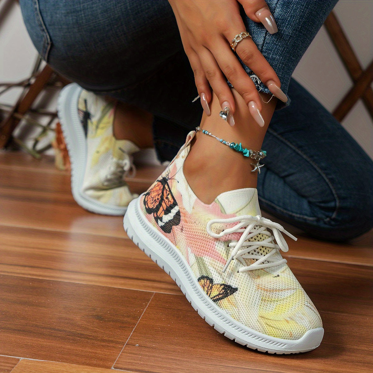 Women's Lace Up Flying Woven Sneakers Non slip Outdoor Shoes