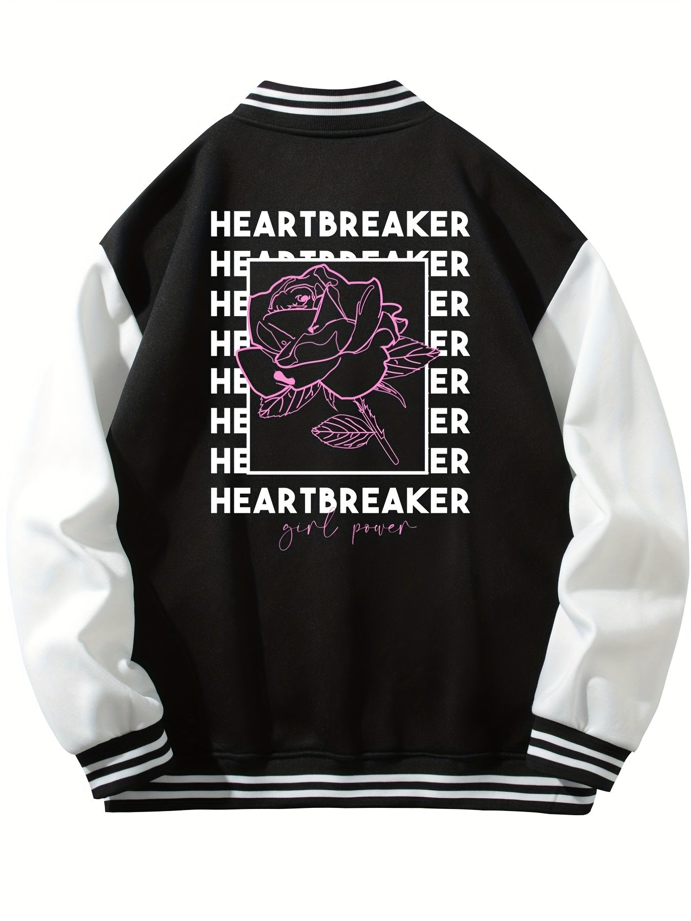 Heartbreaker Letter Print Rose Pattern Graphic Baseball Jacket Men