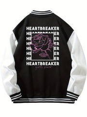 Heartbreaker Letter Print Rose Pattern Graphic Baseball Jacket Men