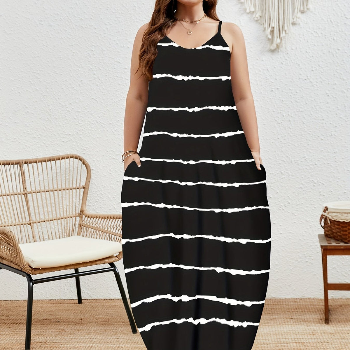  Cami Maxi Dress With Pockets Women's Plus Stretch V Neck Long Dress