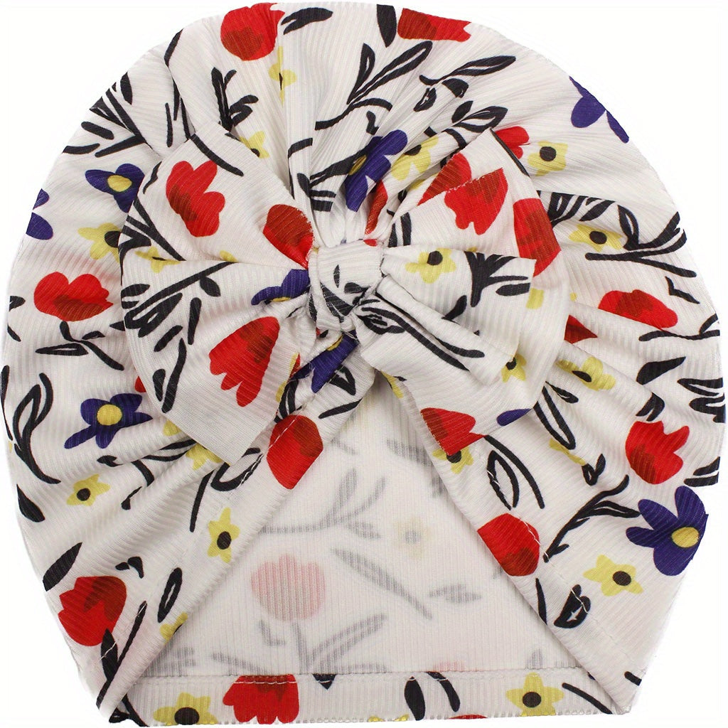 Cute Printed Baby Headscarf Hat w/ Soft Threaded Bow