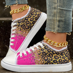 Leopard Print Glitter Lace Up Canvas Sneakers