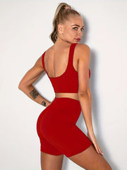 Solid Casual Suits Sports Bra & Yoga Shorts Set Women's Clothing