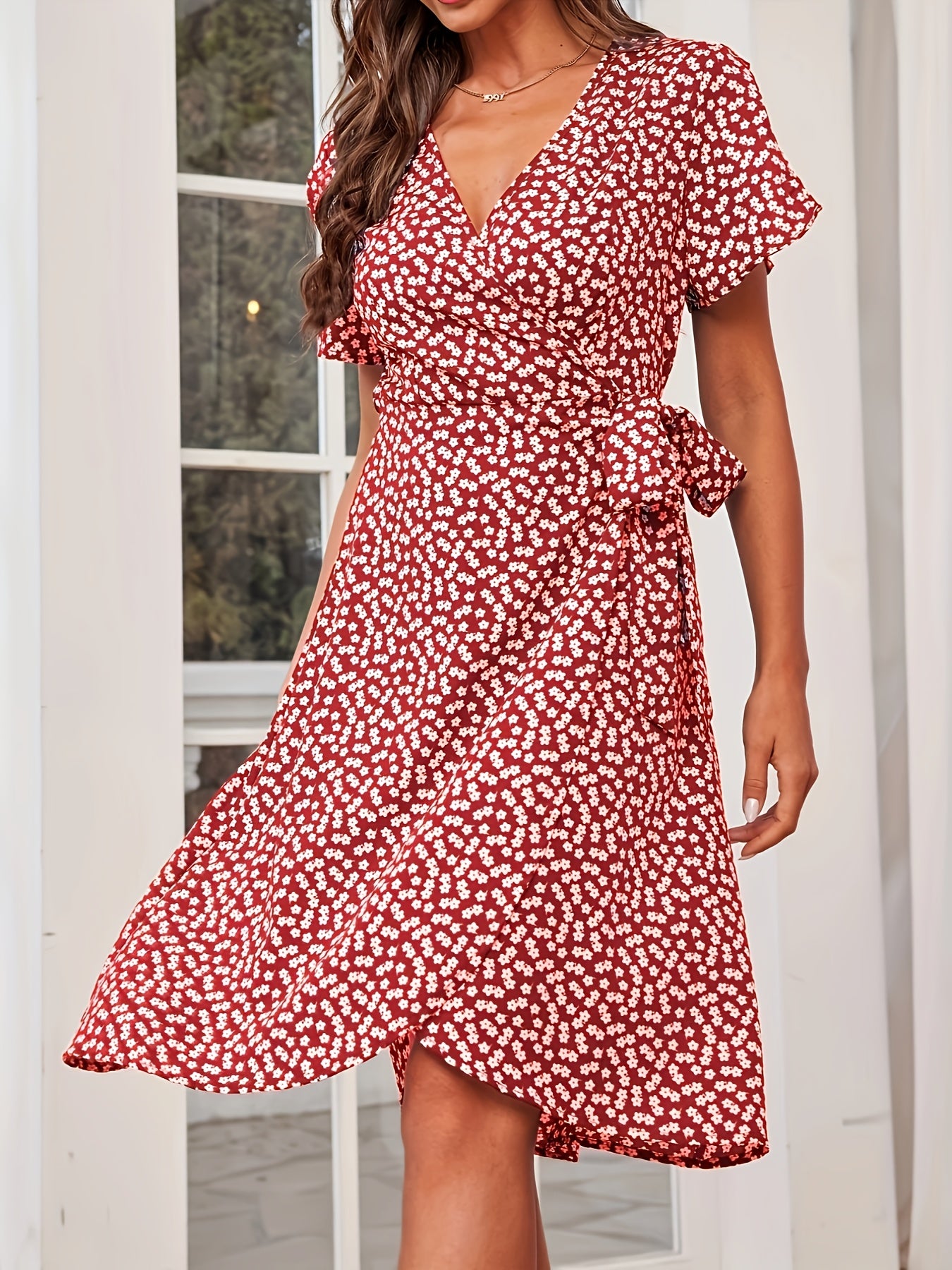 Floral Print Vacation Dress V Neck Short Sleeve Knot Summer Dress