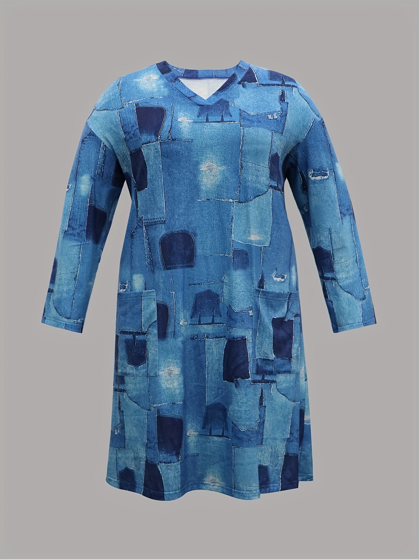  Denim Print V-Neck Long Sleeve Dress with Pockets