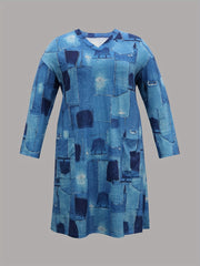  Denim Print V-Neck Long Sleeve Dress with Pockets