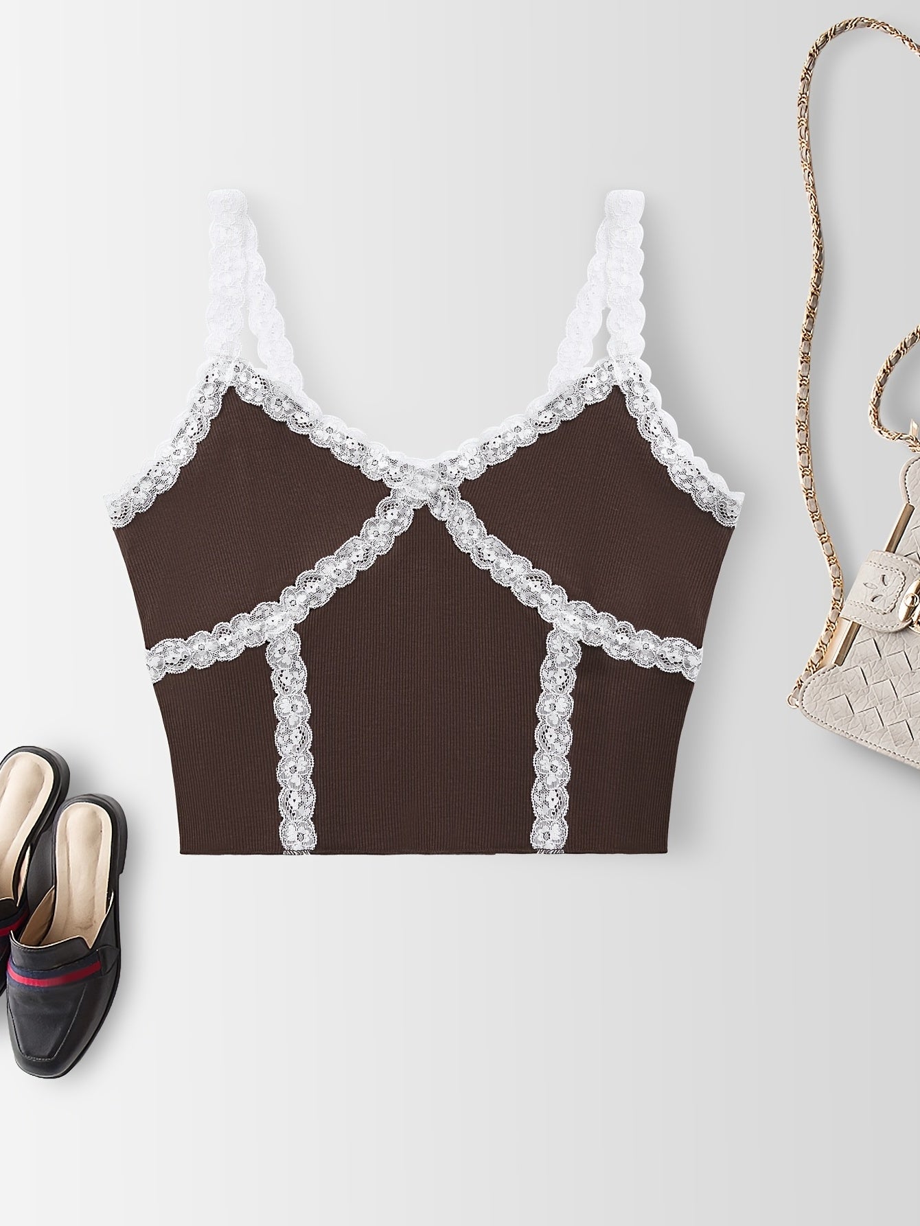 Lace Ribbed Spaghetti Strap Top V neck Cami