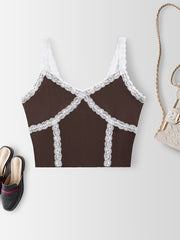 Lace Ribbed Spaghetti Strap Top V neck Cami