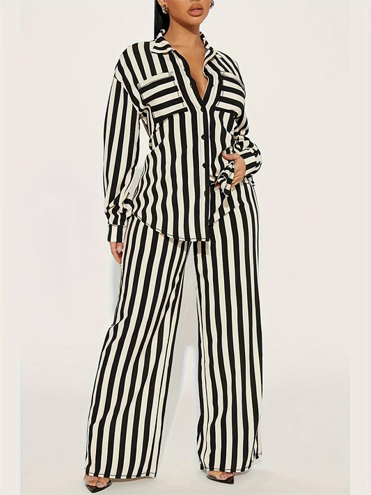  Stripe Print Blouse & Pants Outfits 2 Piece Set