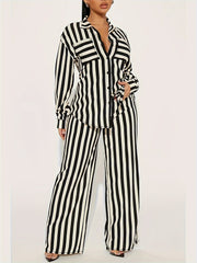  Stripe Print Blouse & Pants Outfits 2 Piece Set