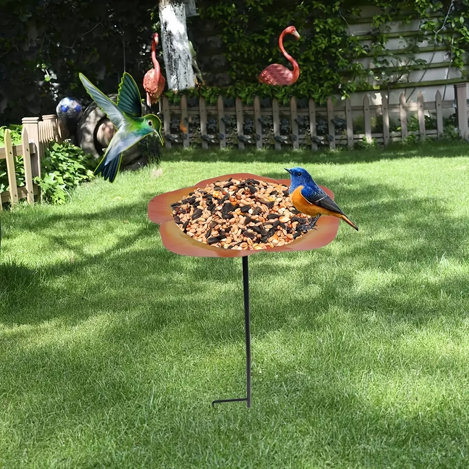 Metal Bird Feeder Stake for Garden Patio - Attractive Bird Bath & Seed Platform