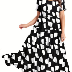  Geometric Print Short Sleeve Maxi Dress