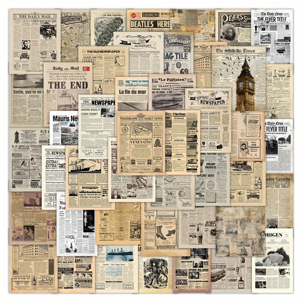 Vintage Newspaper Stickers - 63pcs Retro Waterproof Vinyl Sticker