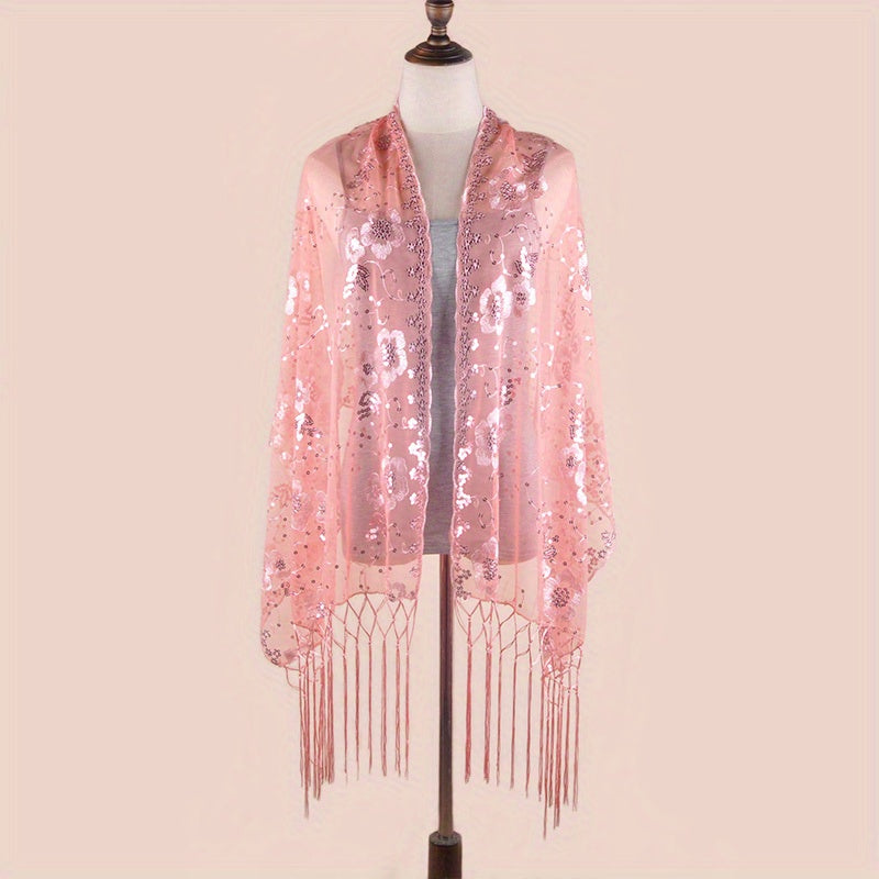 Sequin Flower Embroidery Shawl Tassel Cape Women Glitter Scarf