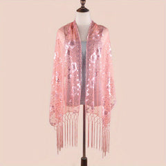 Sequin Flower Embroidery Shawl Tassel Cape Women Glitter Scarf