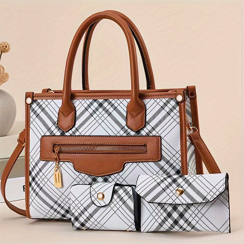 3pcs Classic Plaid Handbag Set Large Capacity Shoulder Bag