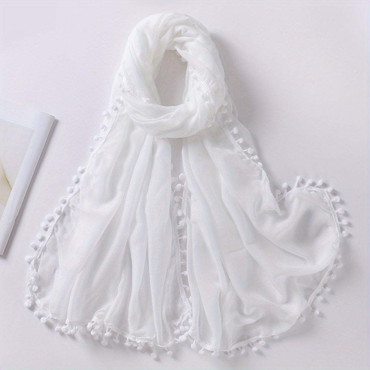 Pompom Tassel Scarf Solid Shawl Hijab Classic Turban Head Wrap