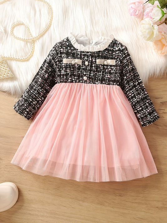 Baby Girls Lace Collar Mesh Dress Lady Plaid Tutu Dress