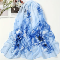 Large Flower Print Chiffon Scarf Gradient Silk Thin Shawl Hijab