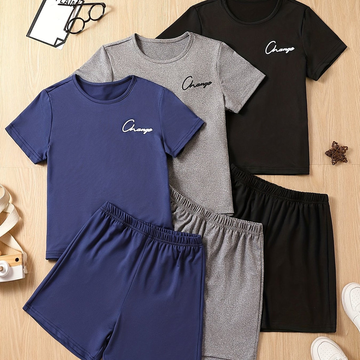 3pcs Boys Casual CHANGE Graphic Print T shirt&Shorts Set Summer Kids Clothing