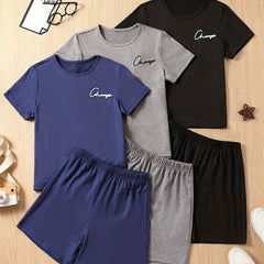 3pcs Boys Casual CHANGE Graphic Print T shirt&Shorts Set Summer Kids Clothing
