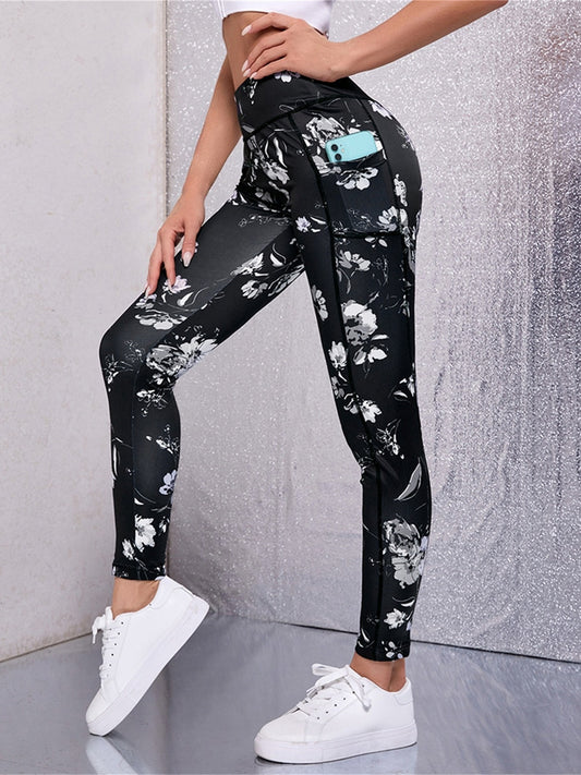 Floral Print High Stretch Yoga Pants with Phone Pocket
